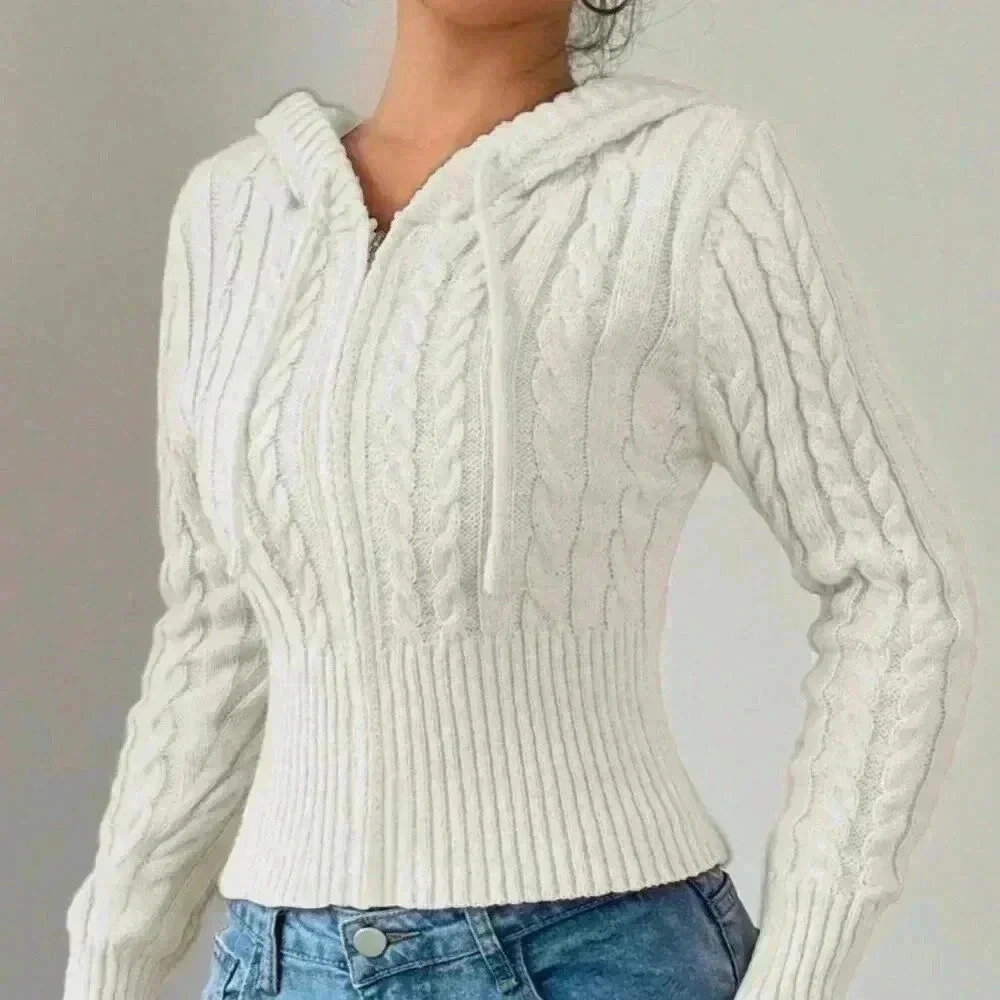 White Casual Women's Fitted Drawstring Hooded Cardigan - Picture 5 of 5